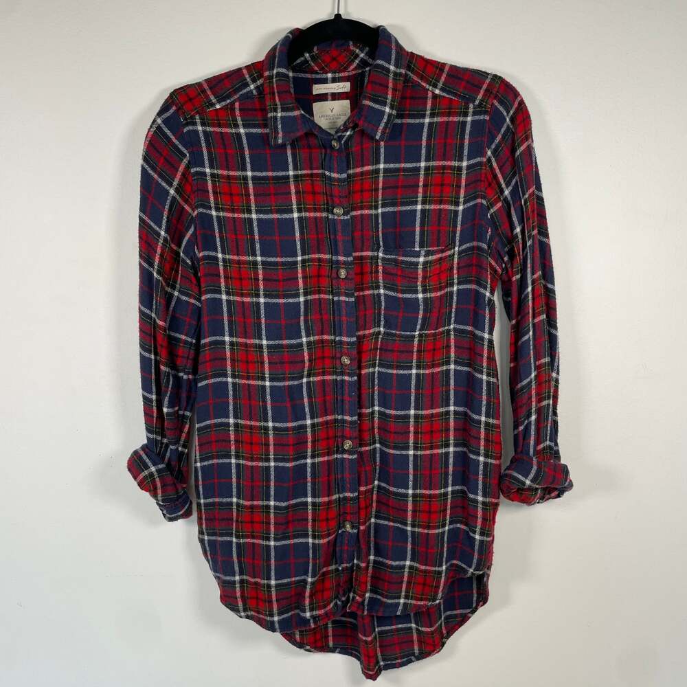 American Eagle Ahh-Mazingly Soft Red/Navy Plaid Boyfriend Fit Flannel S